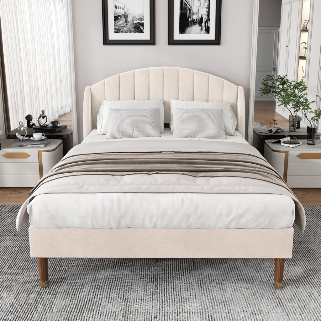 Letto imbottito 140x200 cm con rete a doghe e testiera in velluto beige