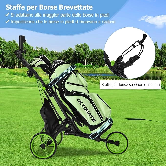 Carrello da Golf Pieghevole con 3 Ruote, Struttura in Alluminio, Cinghia Elastica, Portaombrello Regolabile e Porta Bicchiere, Segnapunti e Freno a Pedale