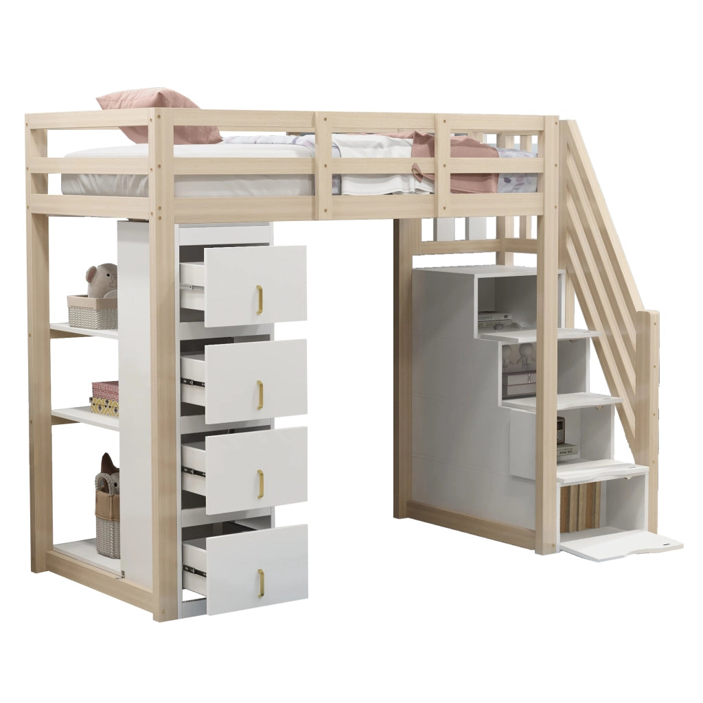 Letto a castello in legno naturale con cassettoni funzione contenitore 90x200 cm