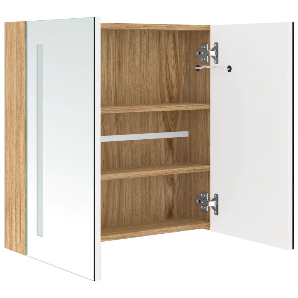 Armadietto Bagno | Armadio da bagno con Specchio e LED Bianco e Rovere 62x14x60 cm