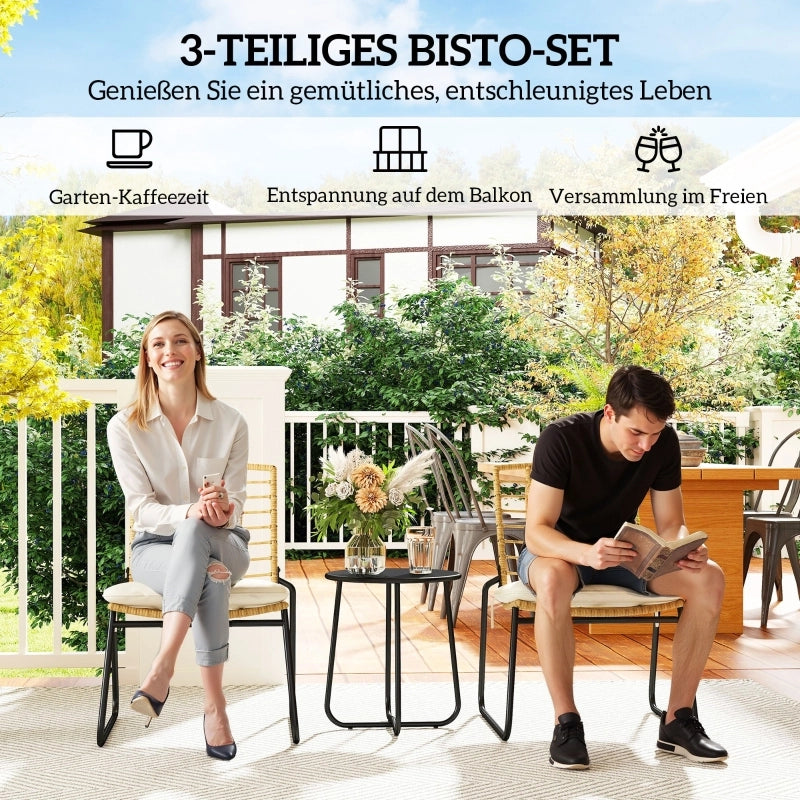 SET 3 PEZZI Salotto da balcone in rattan beige con sedie impilabili e tavolino