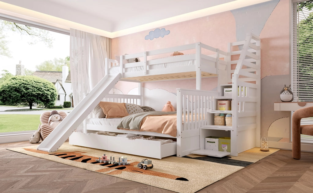 DESMIU Letto a castello 90 × 200 cm e 140 × 200 cm 3 posti con 2 cassetti, 3 vani e scivolo, senza materasso, bianco