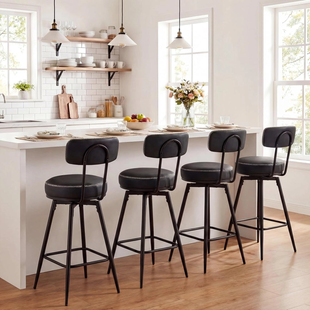 Set di 2 Sgabelli Girevoli, Sedie da Bar Moderne con Schienale Imbottito, Poggiapiedi e Gambe in Metallo, Sgabelli Imbottiti in Similpelle per Isola Cucina e Sala da Pranzo (Nero, Rotondo)