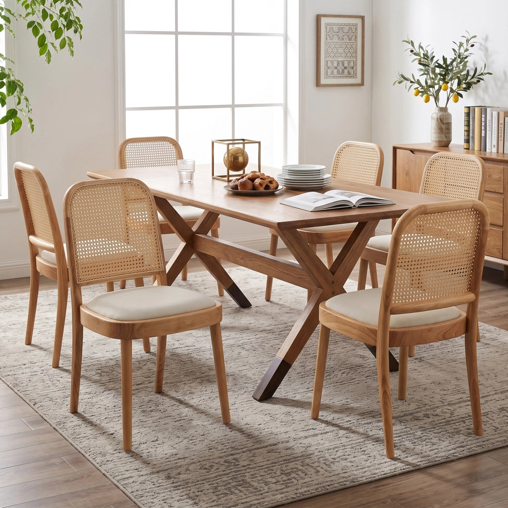 SEDIA da pranzo in legno massello e lino, schienale in rattan, Set da 6 pezzi