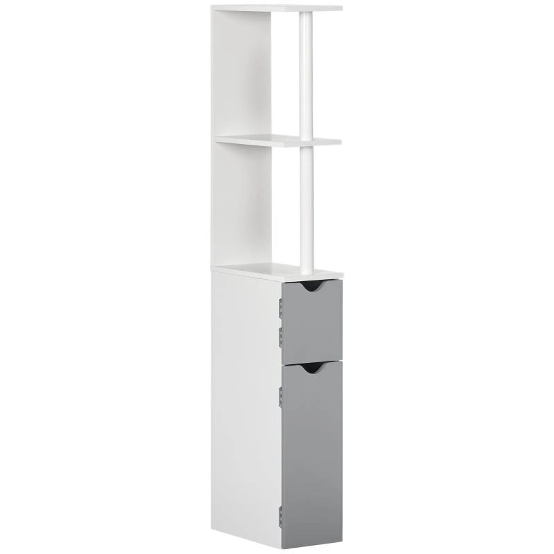 COLONNA BAGNO CON 2 RIPIANI E 2 ARMADIETTI, IN LEGNO, 15.2X29.8X118 CM, BIANCO E GRIGIO