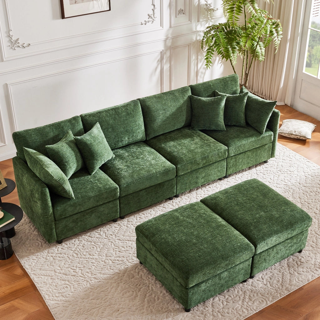 Divano modulare da 4 a 6 posti in chenille verde a U o L con 2 pouf e 6 cuscini 278 × 161 × 81 cm