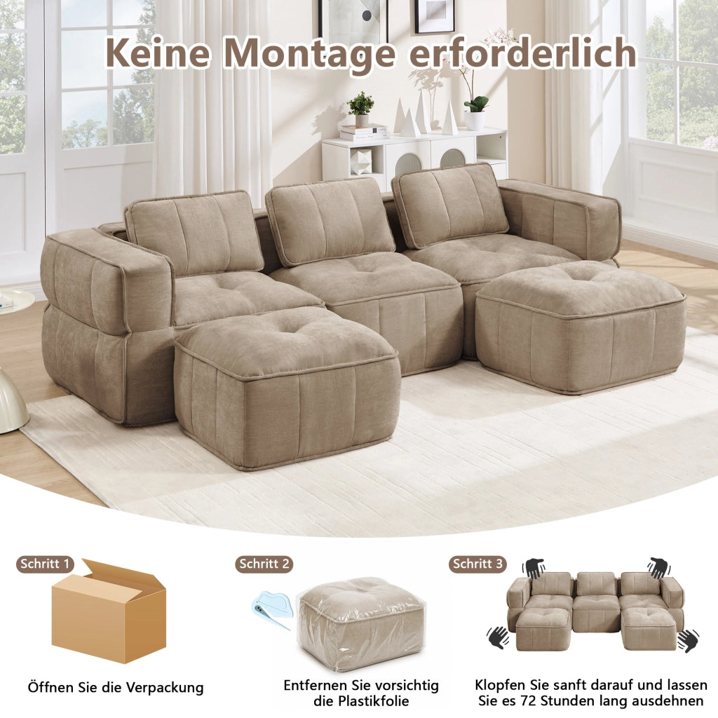 Divano modulare a U 3 posti con seduta profonda e pouf senza struttura in poliestere sabbia 271 × 162 × 67 cm