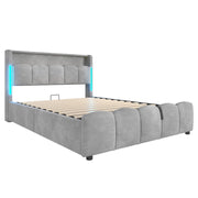 Letto contenitore matrimoniale 140×200 cm con LED; USB; Type-C e testiera con vano; senza materasso; velluto; grigio