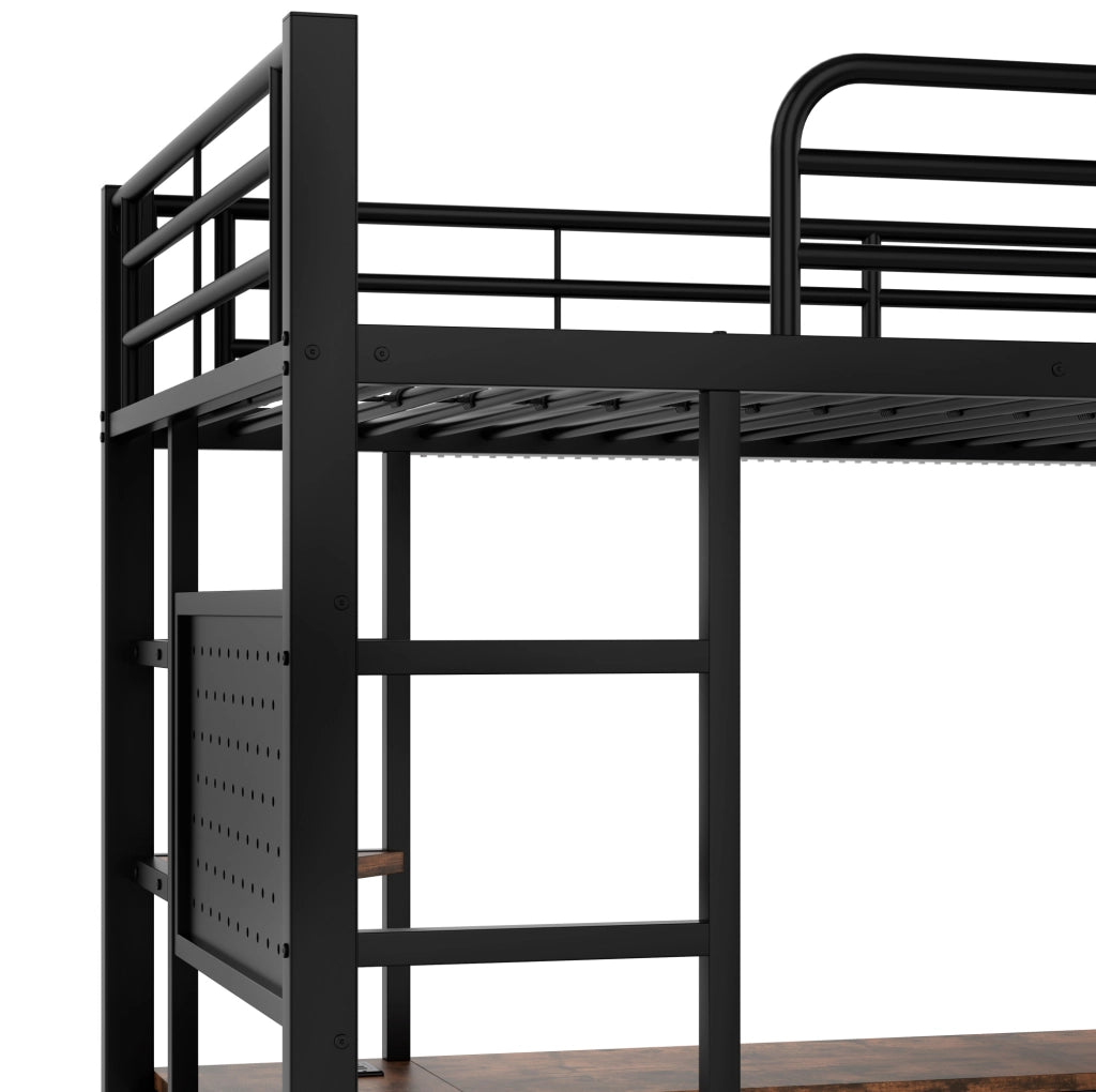 Letto a soppalco 90x200 cm nero con scrivania, LED, USB/Type-C e ripiani
