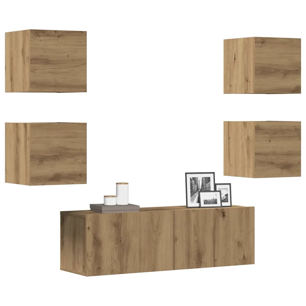 Set Mobile TV 5 pz Montato a Parete Rovere in Legno Multistrato 3329146