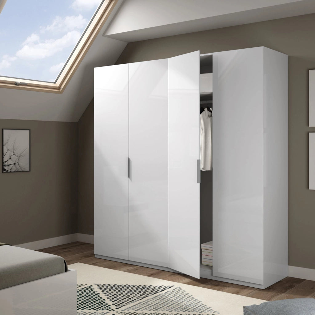 Guardaroba Aram, Armadio per camera da letto a 4 ante battenti, Mobile con 2 ripiani e barra appendiabiti, cm 180x52h200, Bianco