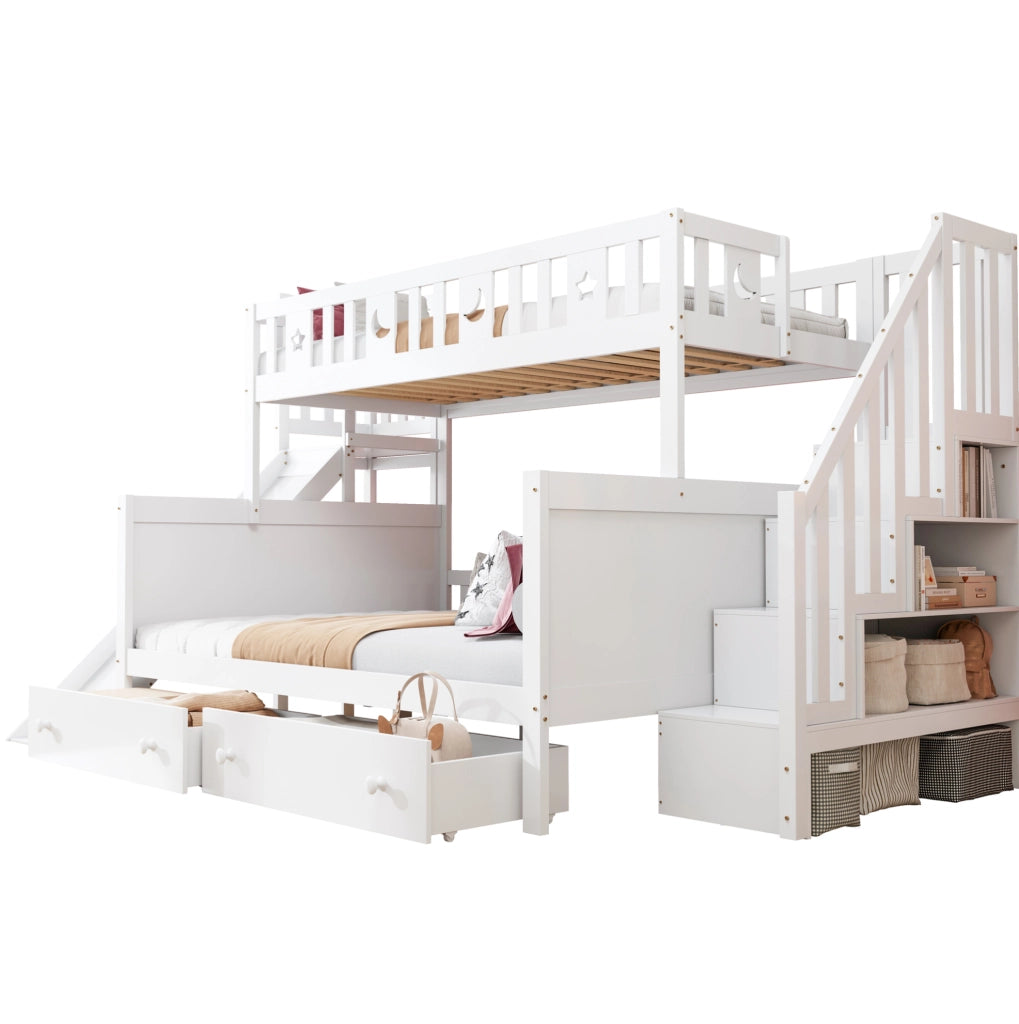 Letto a castello per bambini con scivolo, scala contenitore e 2 cassetti