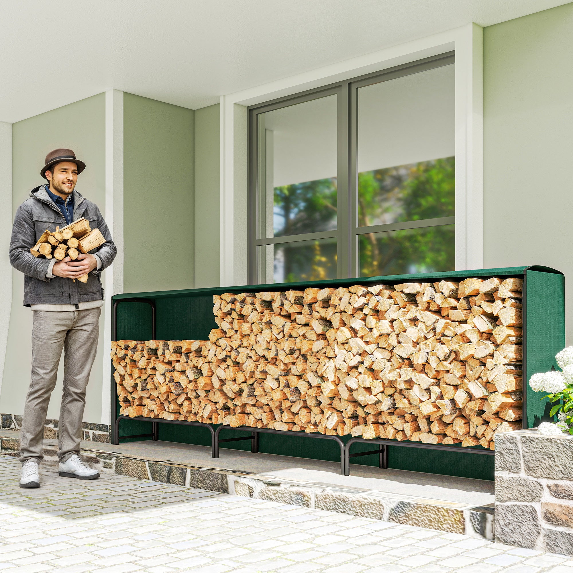 Portalegna Regolabile 300x36x99 cm con Telo Impermeabile in PE e Metallo Nero e Verde Scuro