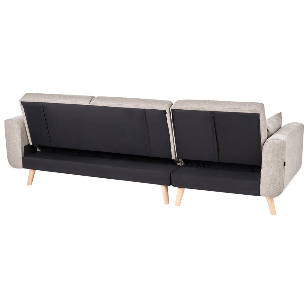 Divano Angolare ad Angolo Destro Beige in Tessuto Imbottito a L con Seduta Trapuntata Cuscini Decorativi e Funzione Letto