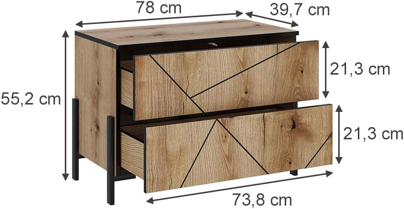Comodino camera da letto Hatto, Rovere, 78 x 55.2 cm con 2 cassetti