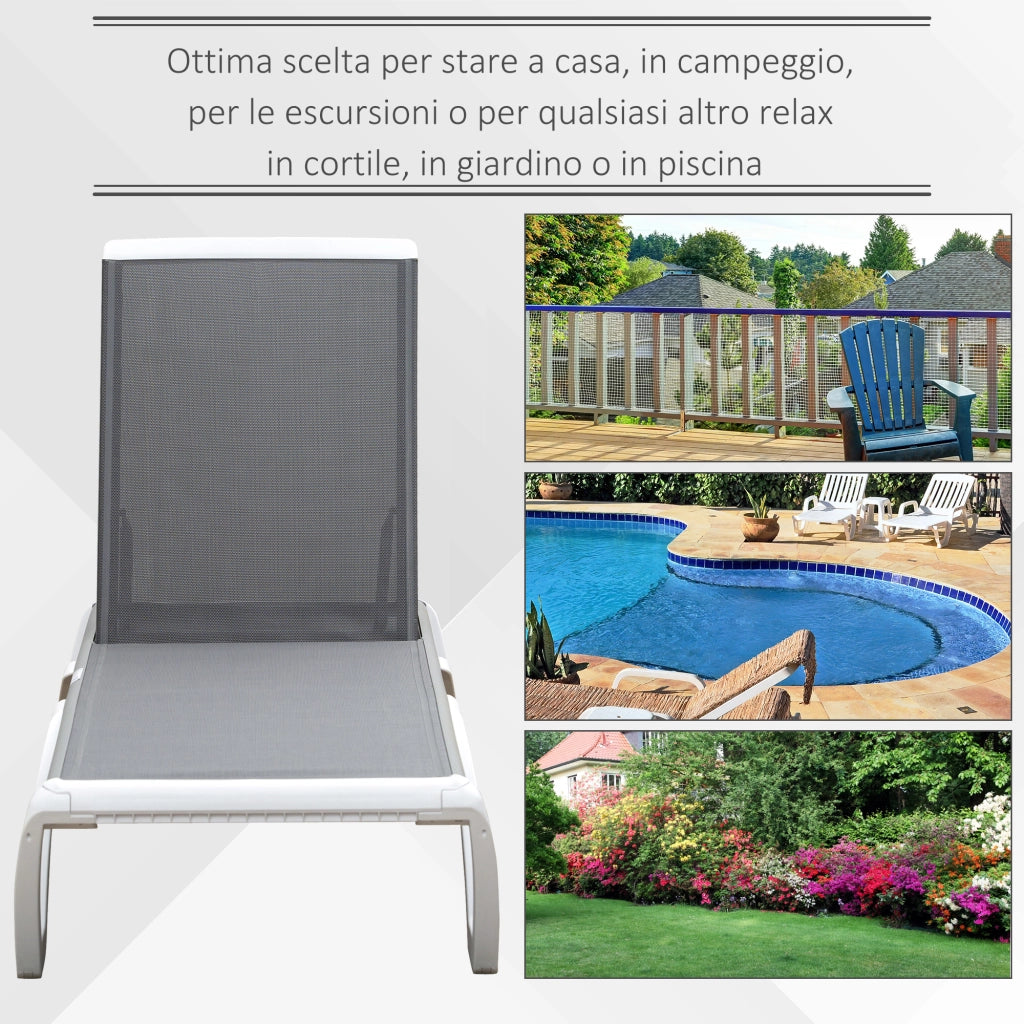 Lettino Prendisole con Schienale Reclinabile e Rotelle Posteriori, 195x67.5x33 cm, Grigio e Bianco