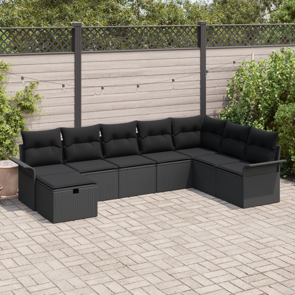 Set Divano da Giardino in 8 Pezzi con Cuscini Neri in Polyrattan