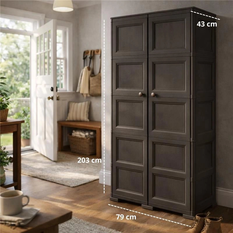 ARMADIO WENGÉ 2 ANTE 79X43X203 CM CON 6 SCOMPARTI E VANO PORTASCOPA – MOBILE ALTO ORGANIZZAZIONE CASA PER LAVANDERIA E INGRESSO