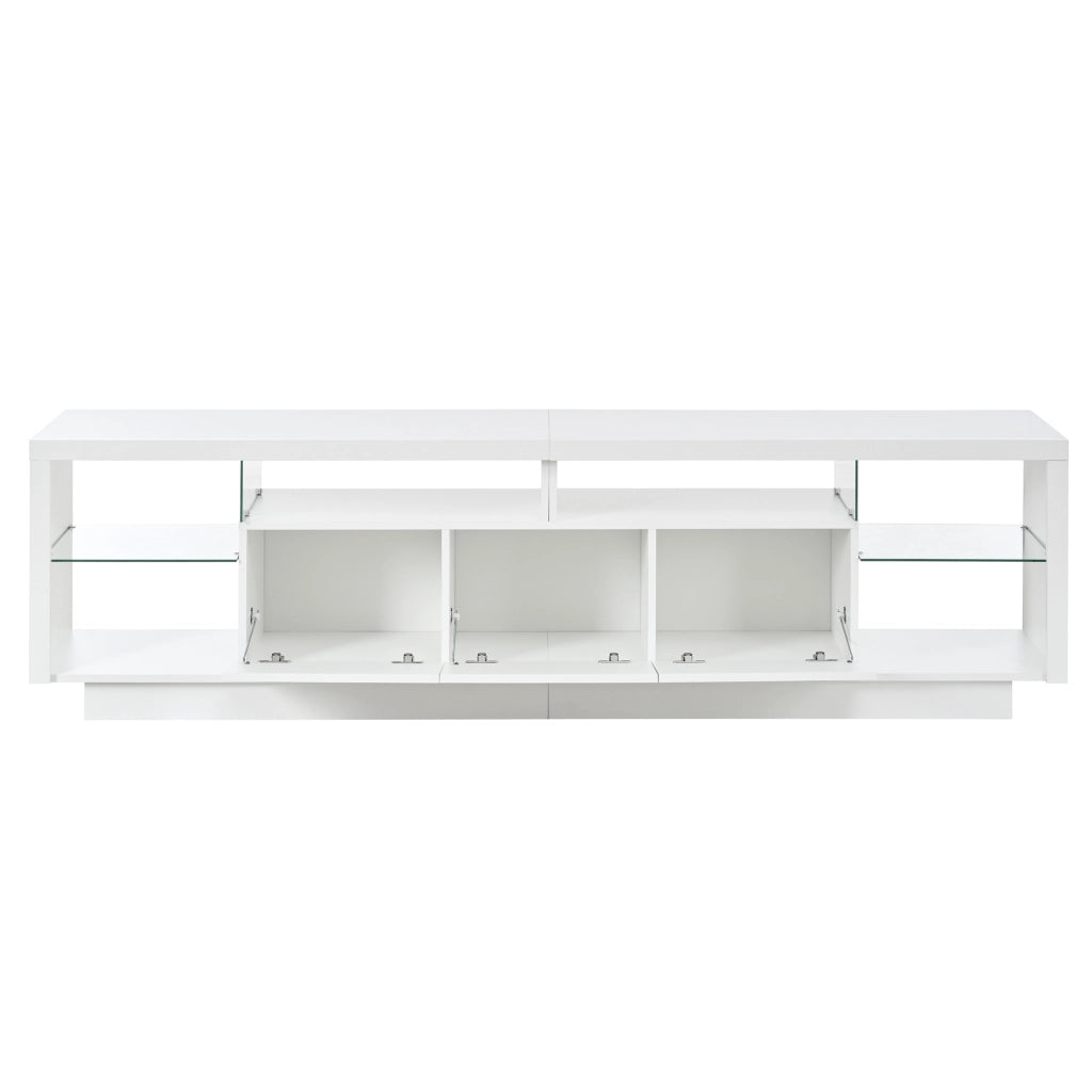 Mobile TV lucido, in truciolato, con ripiani in vetro, illuminazione a LED, bianco
