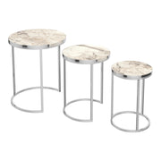 Set di 3 tavolini rotondi impilabili in marmo bianco e argento 03_0008377