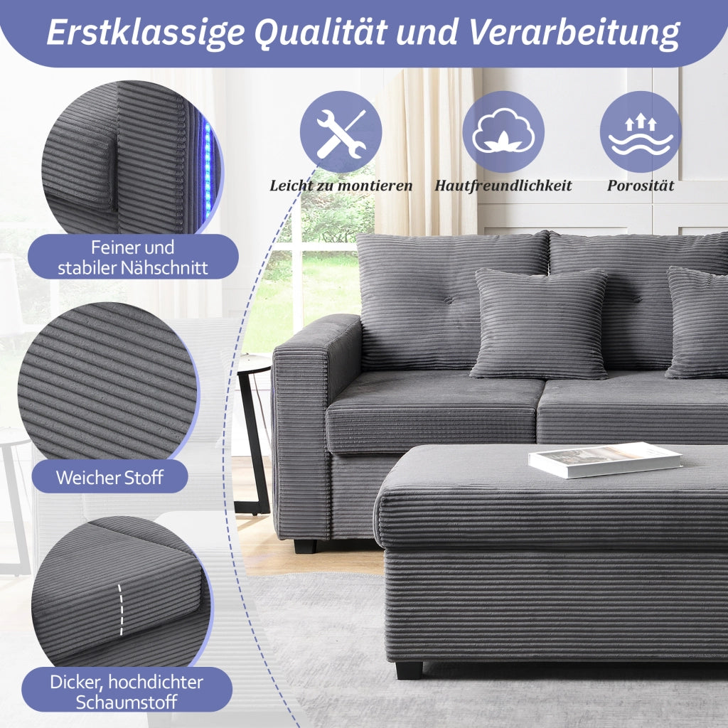 DIVANO modulare a L con pouf, LED, set 5 cuscini, corduroy grigio anticato