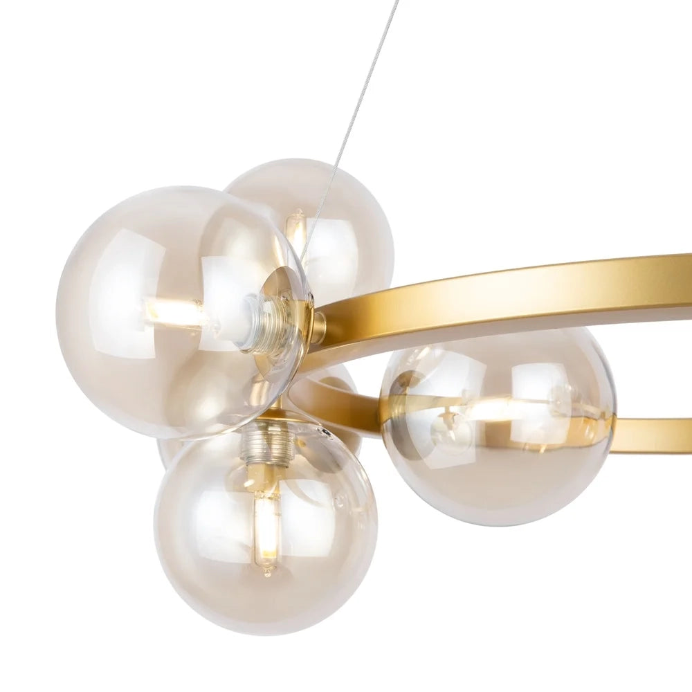 Lampadario Contemporaneo Dallas Metallo Oro 11 Luci Diffusori Vetro Cognac
