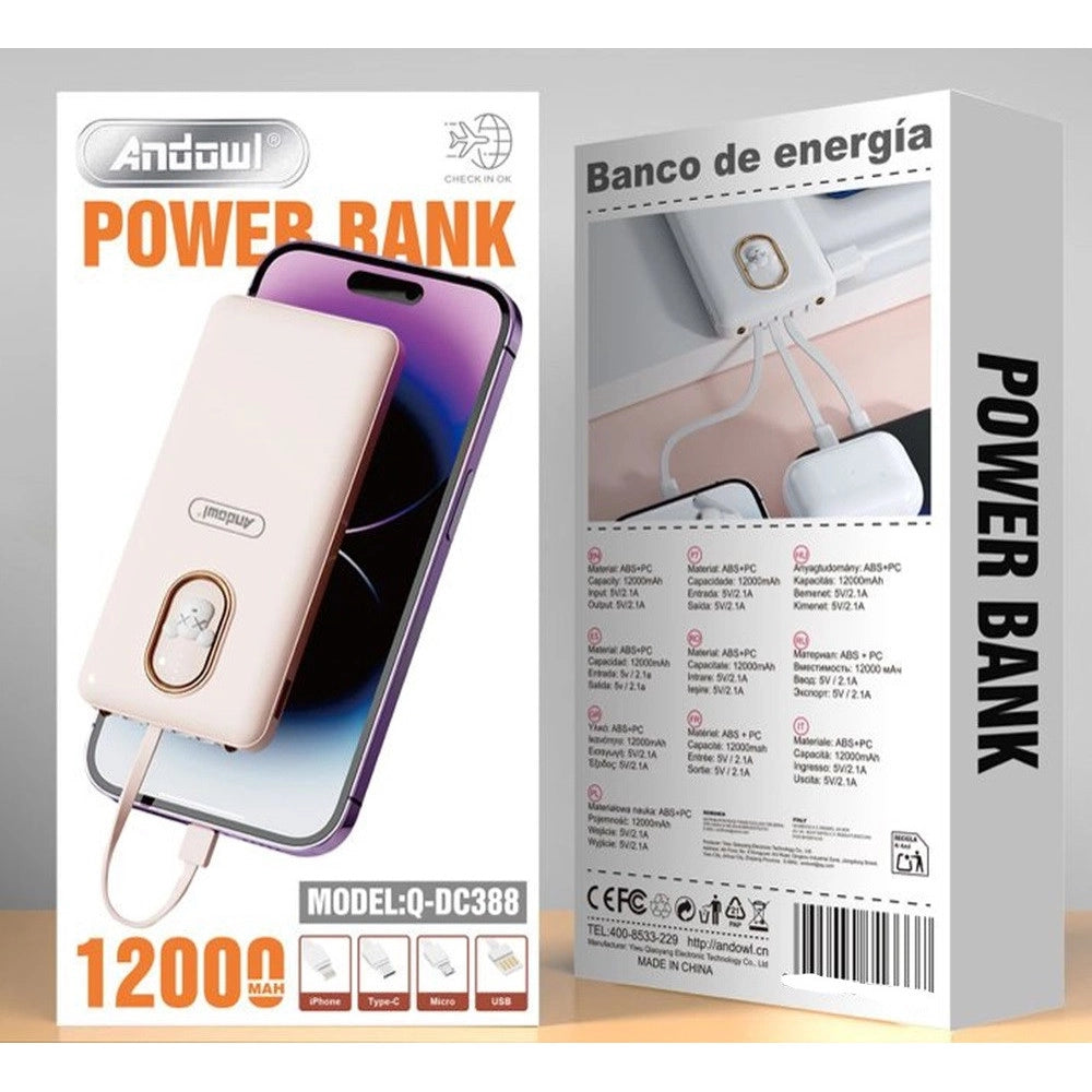 Trade Shop - Power Bank Caricabatterie Portatile Da 12000mah 5v/2.1a Con 4 Cavi Ricarica Q-dc388 -