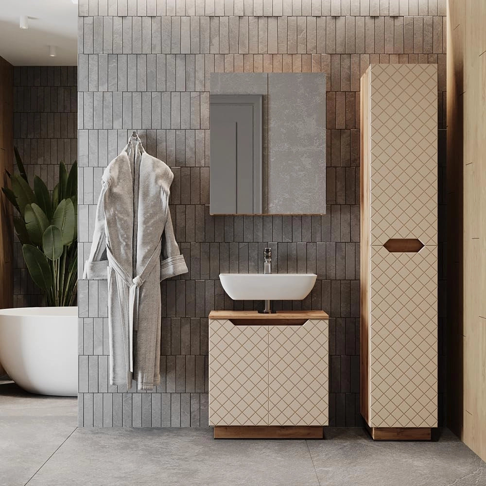 Set di mobili da bagno Lotta, Cachemire, 59.8 cm, composto da mobile sottolavabo, specchiera e colonna alta
