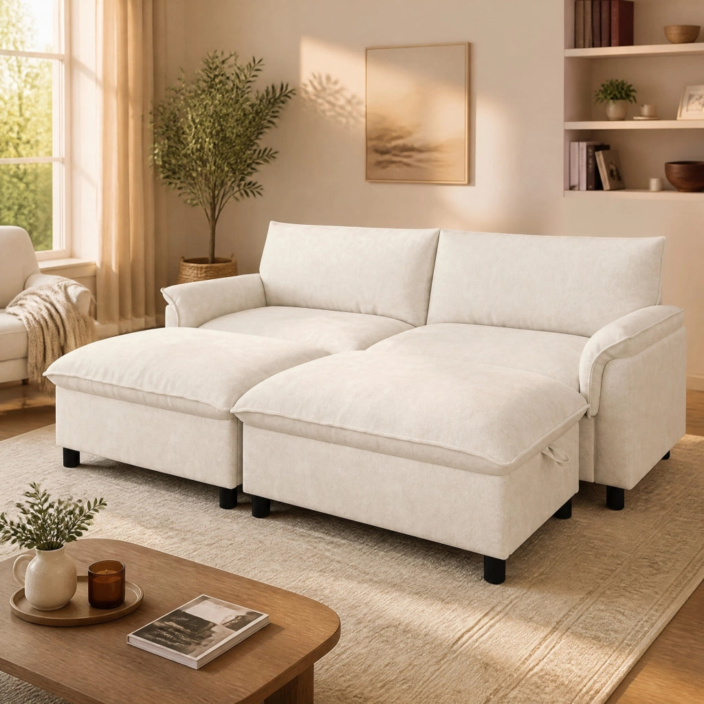 Divano letto angolare con pouf contenitore, seduta profonda, in Chenille Beige 216 × 77 × 82 cm