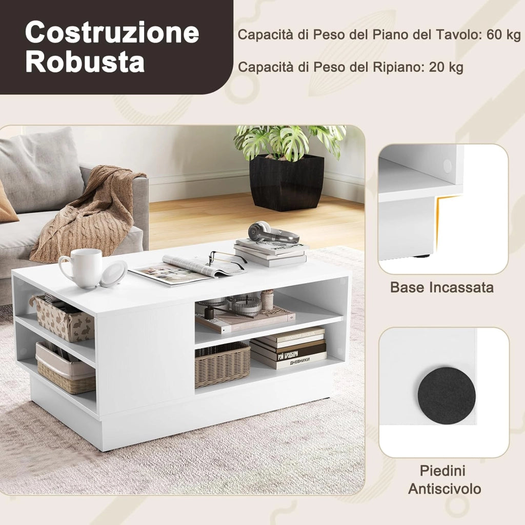 Tavolino da Salotto Rettangolare Design Moderno, Tavolino da Caffè con 2 Ripiani Inferiori Portaoggetti, Tavolino Basso da Divano per Soggiorno, 86 x 56 x 41 cm (Bianco)