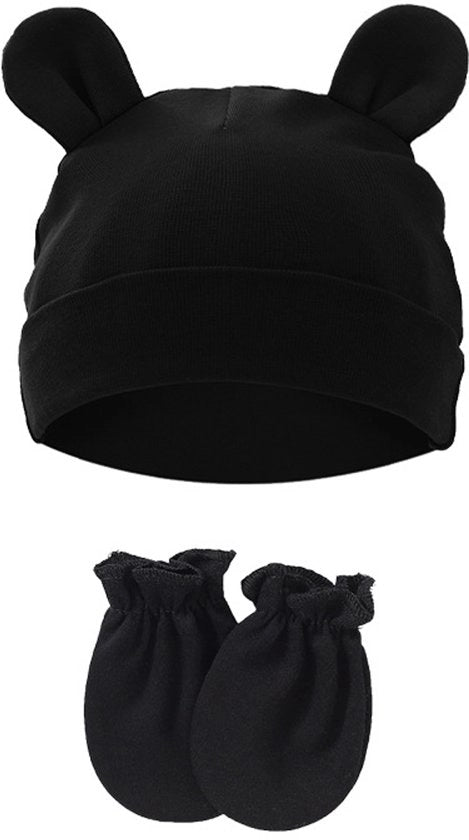 Set di copricapo e guantini per neonati, orecchini di cotone con funzione antikras, adatti per bambini da 0 a 1 anno, diametro massimo 15,5 cm, Nero