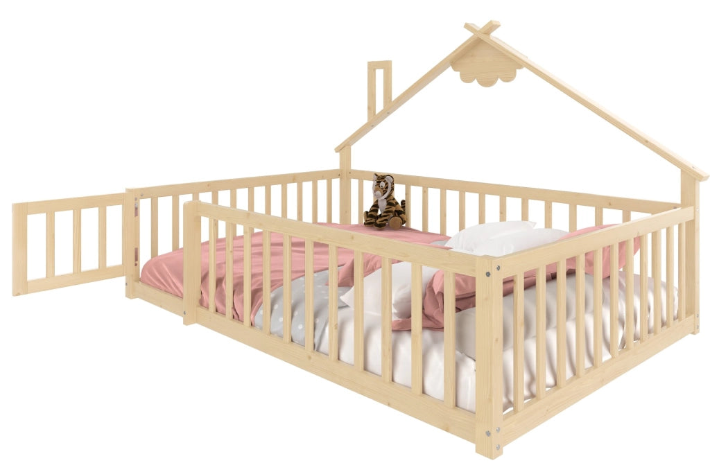 Letto per bambini 90x190 cm a forma di casetta in legno naturale