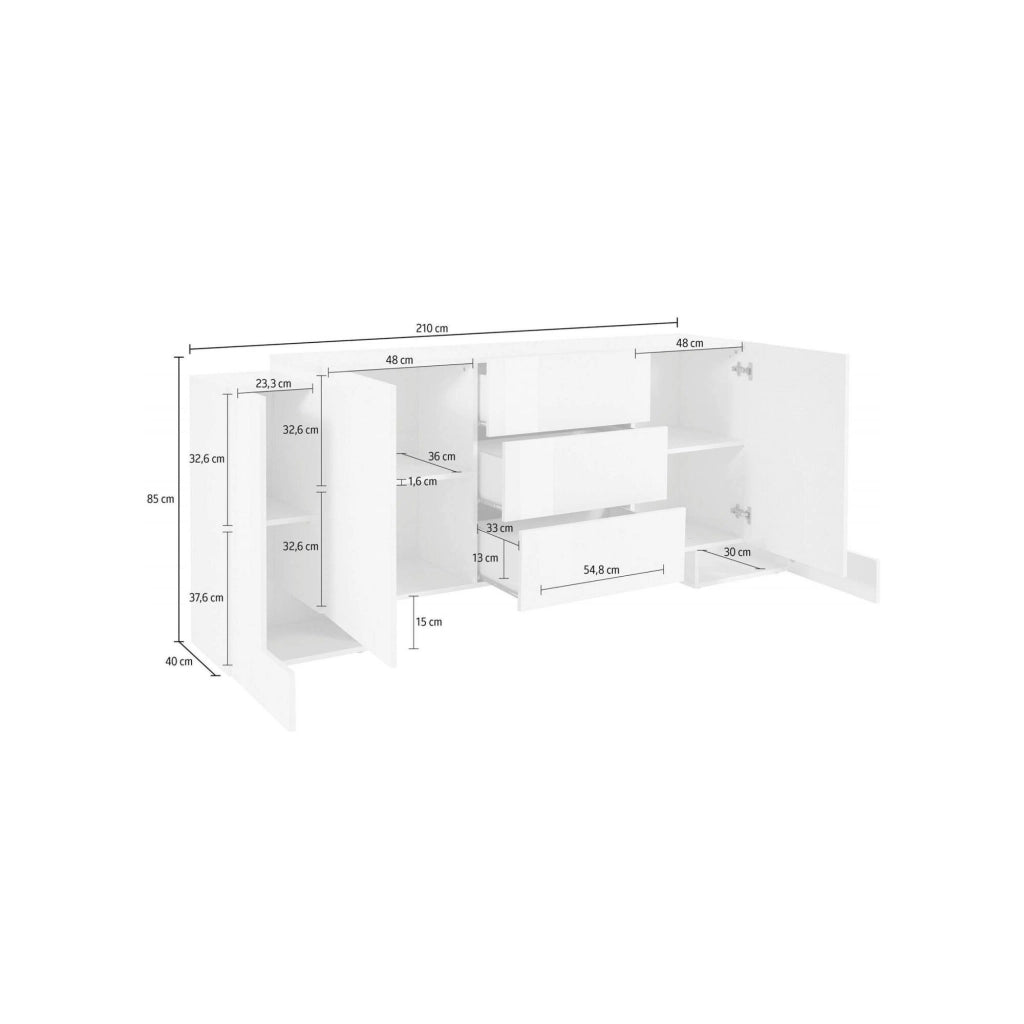 Madia Alchemy, Credenza 4 Ripiani Made in Italy, 210x45x85h cm Bianco Lucido