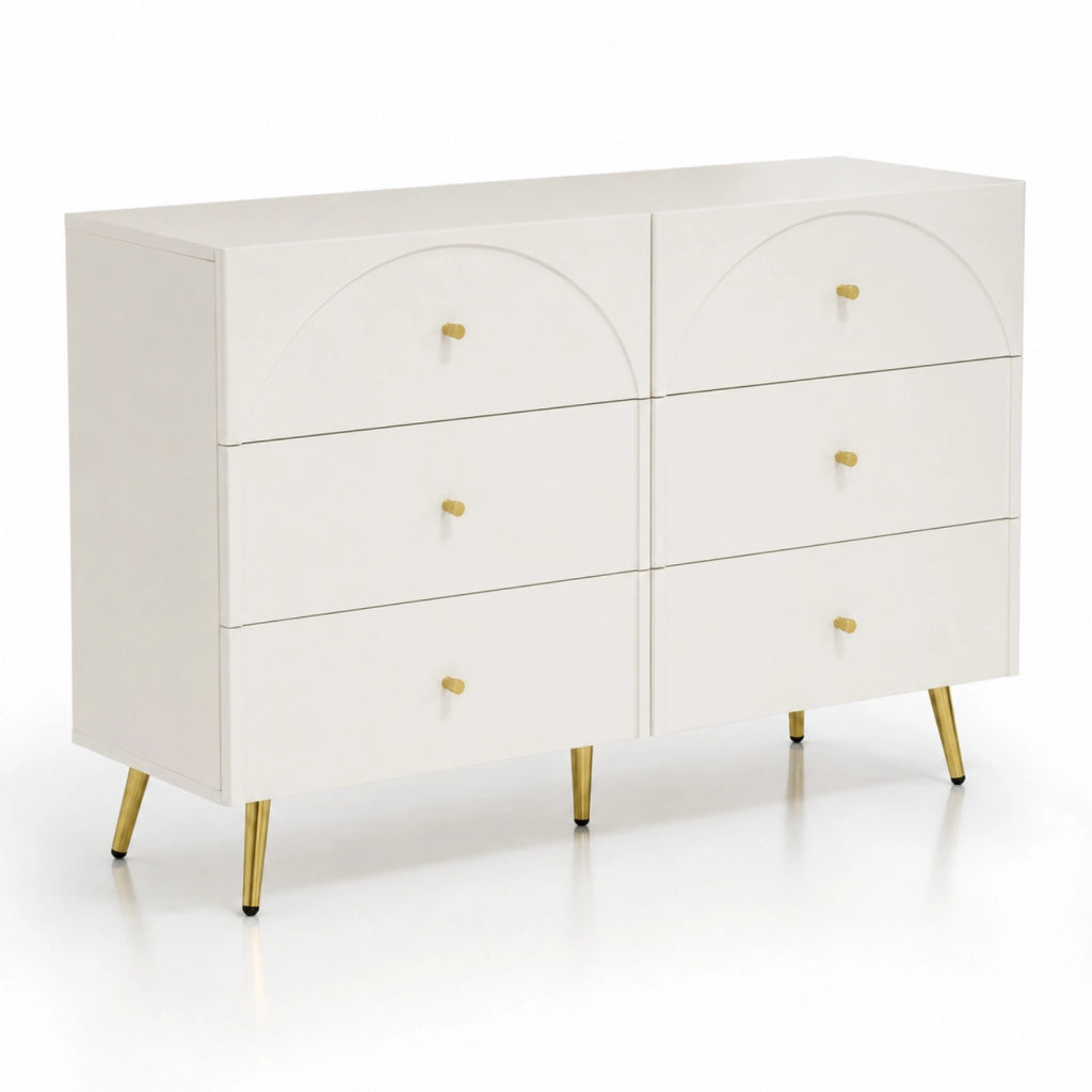 Cassettiera 6 Cassetti Mobile Contenitore Capiente Per Camera Da Letto Cameretta Ingresso Stanza Ospiti Design Moderno Minimal Con Piedini Dettagli Oro 120 X 40 X 85 Cm Bianco