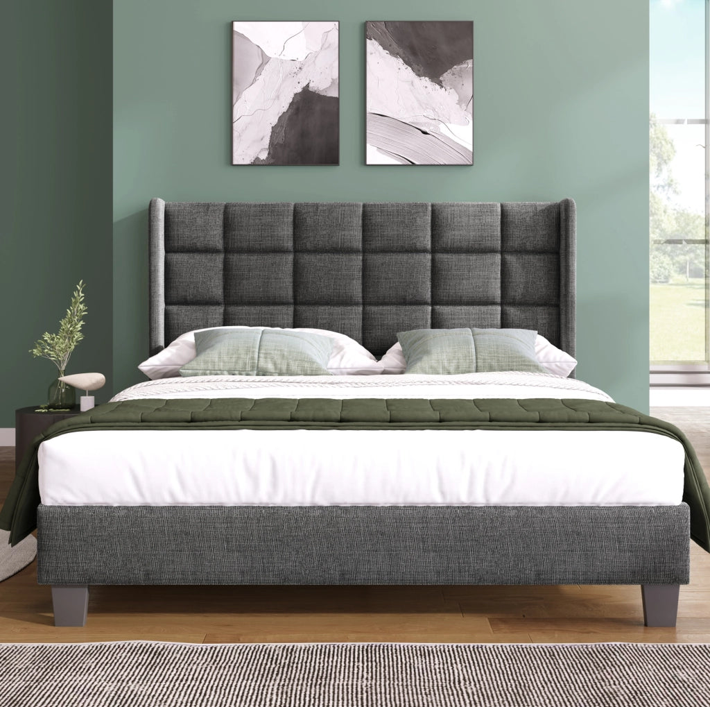 Letto matrimoniale imbottito 140x200 cm con testiera e rete a doghe; lino grigio