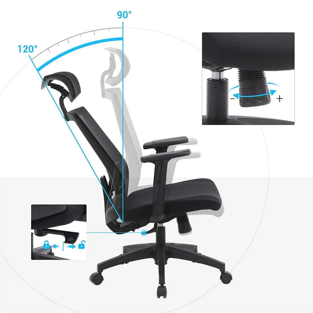 Sedia da ufficio sedia da ufficio in tela seduta ergonomica girevole a 360° supporto lombare regolabile poggiatesta braccioli schienale reclinabile fino a 120° nero 12_0001412