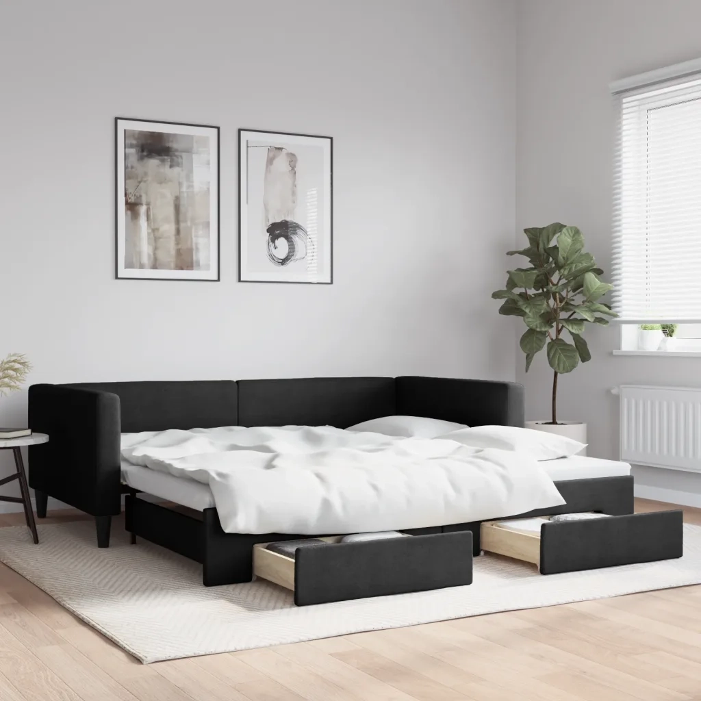 Divano Letto Estraibile con Cassetti Nero 100x200 cm in Tessuto 3196621
