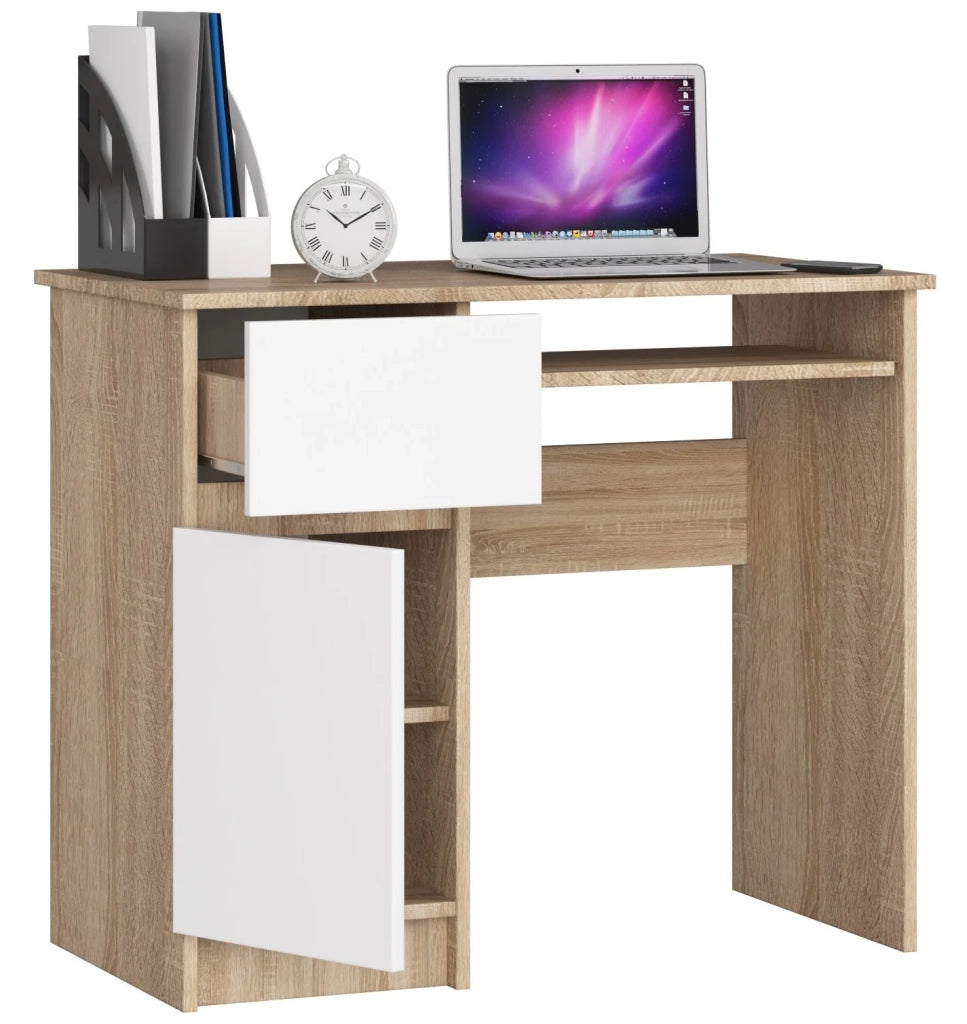 Scrivania per computer AKORD PIKSEL Sonoma Quercia 90 cm 1 anta 1 cassetto inserto frontale Bianco 90x50x77 cm Modello a sinistra