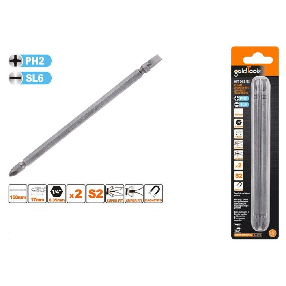Trade Shop - Kit 2pz Di Bits Da 150mm Punte Doppie Inserti Ph2 + Sl6 Punta S2 Magnetica 57245 -