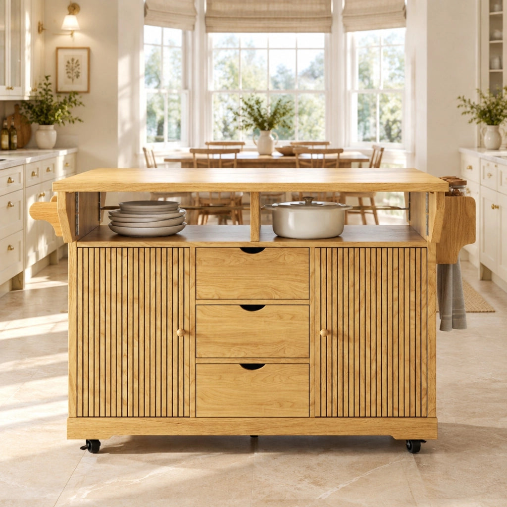 Isola da cucina mobile con piani ribaltabili, 3 cassetti, marrone