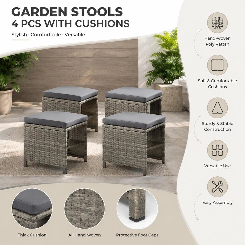 Garden Stools, Set Of 4, With Seat Cushions, Poly Rattan, Grey