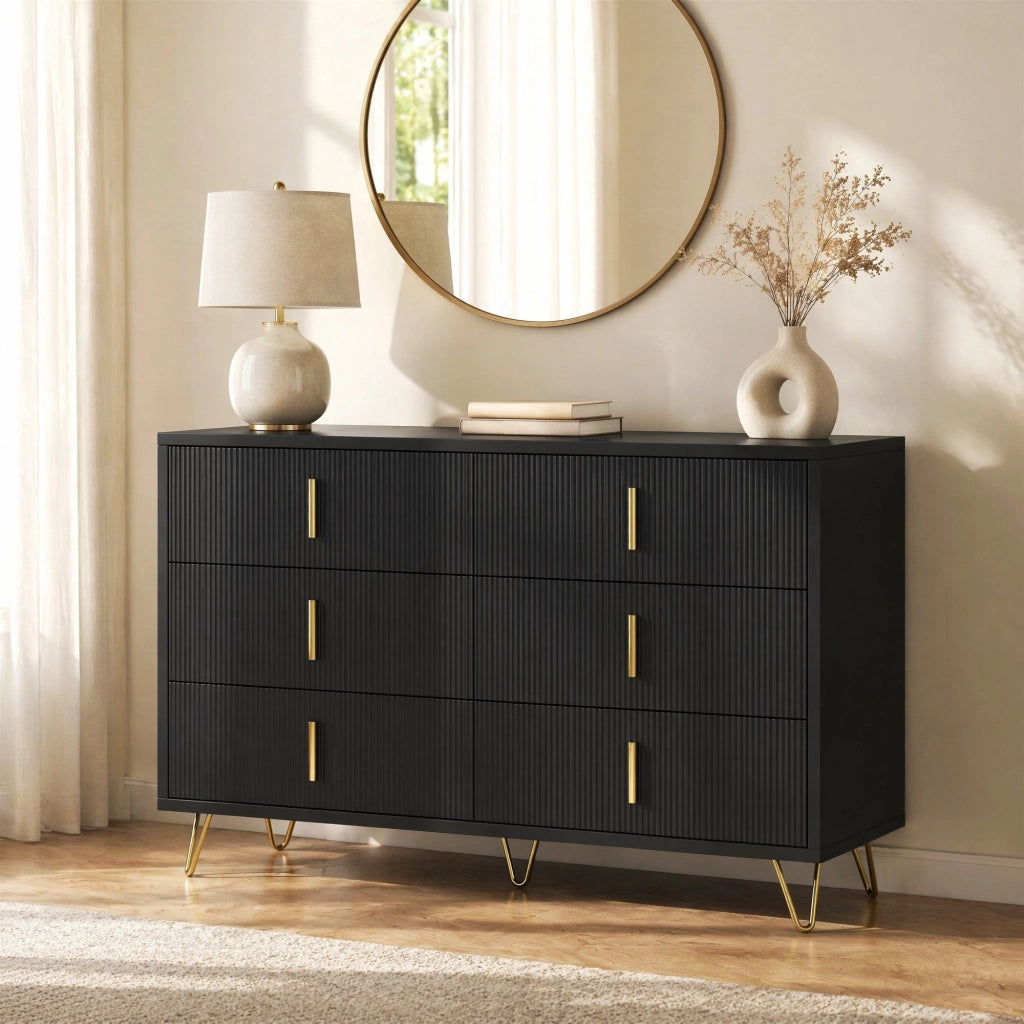 Credenza moderna 120x40x77 cm con sei cassetti; struttura in truciolare nero e oro