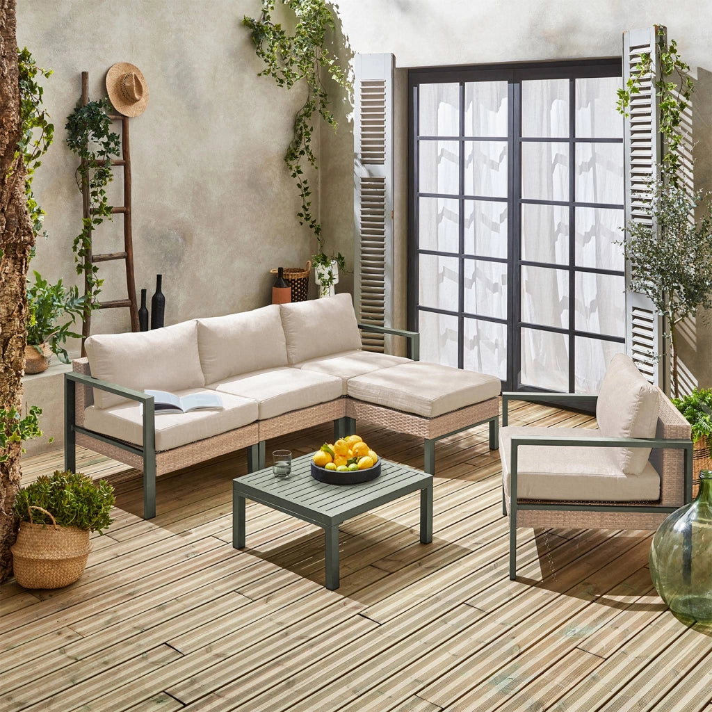 Salotto da giardino in alluminio e resina, 5 posti, verde kaki