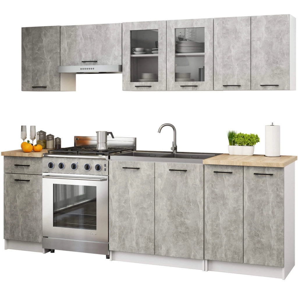 AKORD Set di Mobili da Cucina OLIWIA 240 cm Cemento 240 cm 11 porte 1 cassetto 240x46x203 cm