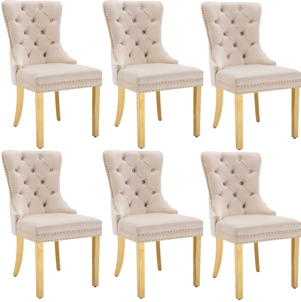 Sedia da pranzo imbottita in velluto beige e metallo dorato