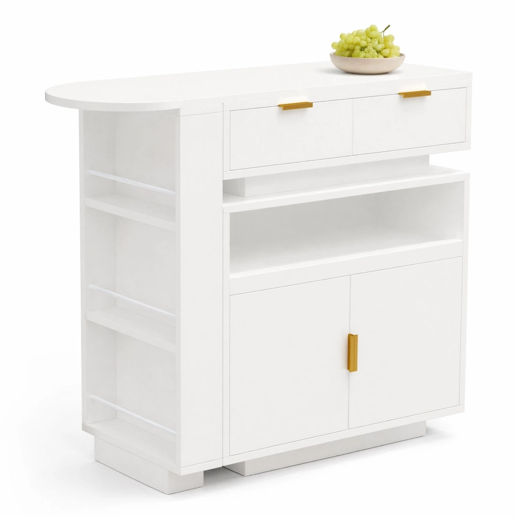 Tavolo bar allungabile con vano contenitore, piano girevole e illuminazione LED, bianco