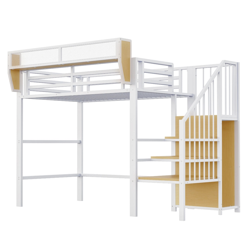 Letto a soppalco 90x200 cm in metallo bianco con ripiano