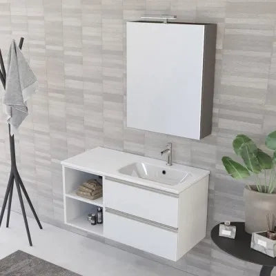 Mobile bagno sospeso 100 cm bianco opaco con cassetti e vani a giorno completo di lavabo a destra e specchio contenitore Master