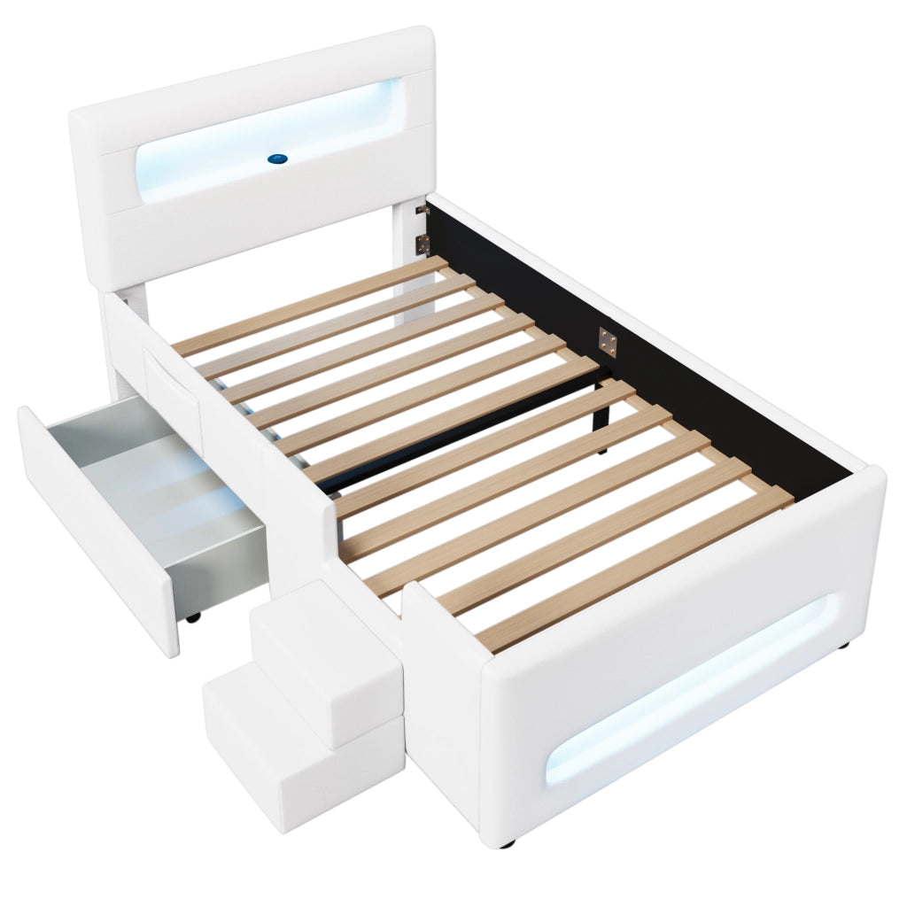 Letto Singolo 90x200 cm con Cassetti; LED e Rete a Doghe - in PU e MDF - Bianco
