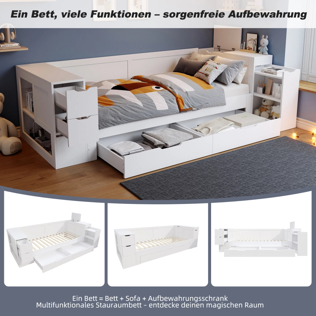 OKWISH Letto a Divano 140×200 cm, Letto Matrimoniale con Cassetto Grande, Ripiani e Armadietti Contenitore, senza Materasso, in MDF, Bianco